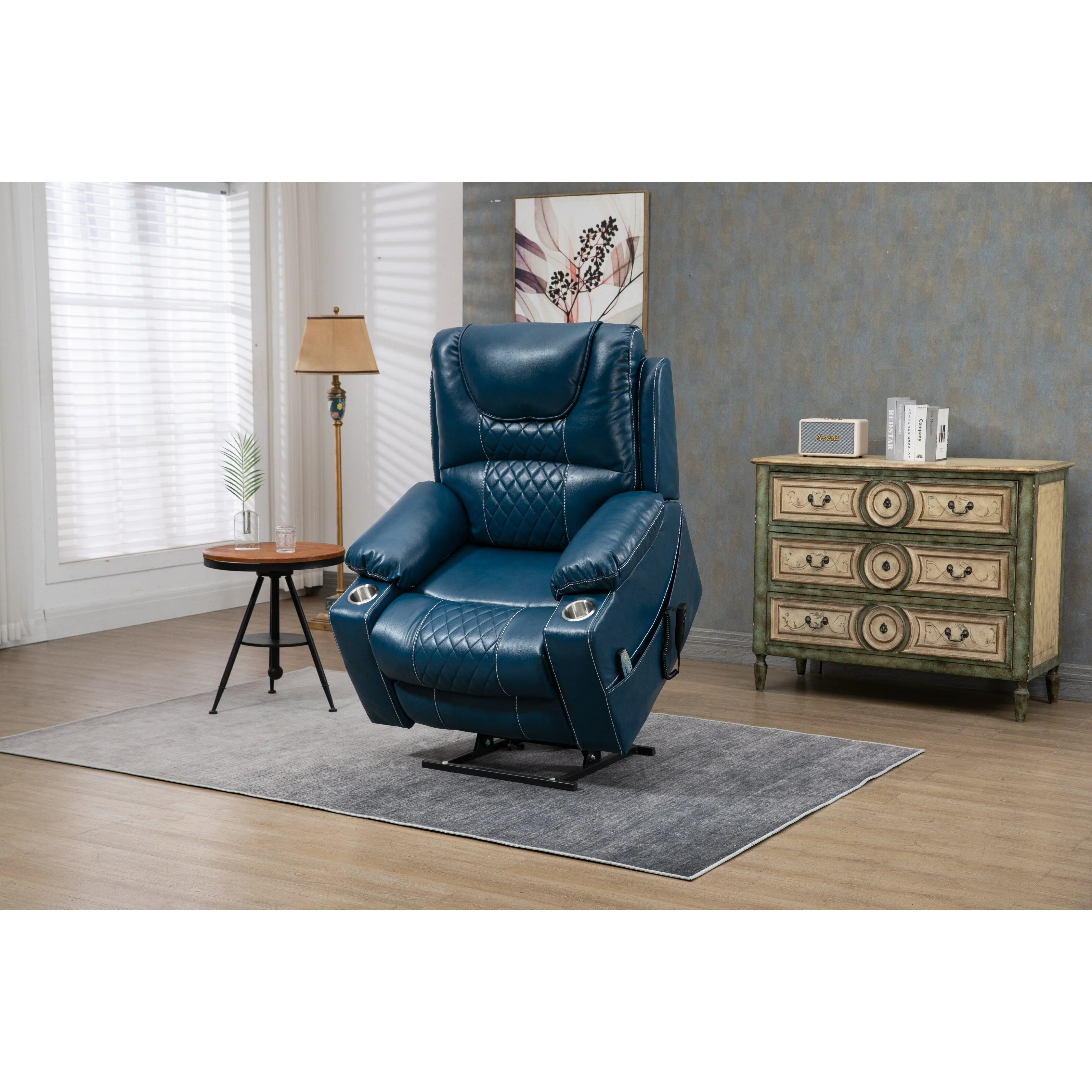 Oversized PU Leather Power Lift Recliner with Massage, Lumbar Heating, Cup Holder, 180° Flat Lay