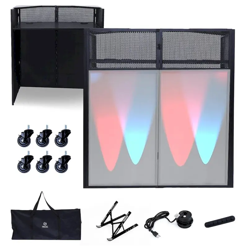 Portable DJ Booth Table Set with Integrated Lighting Scrims, Sturdy Carry Case, and Compact 40x20 inch Dimensions