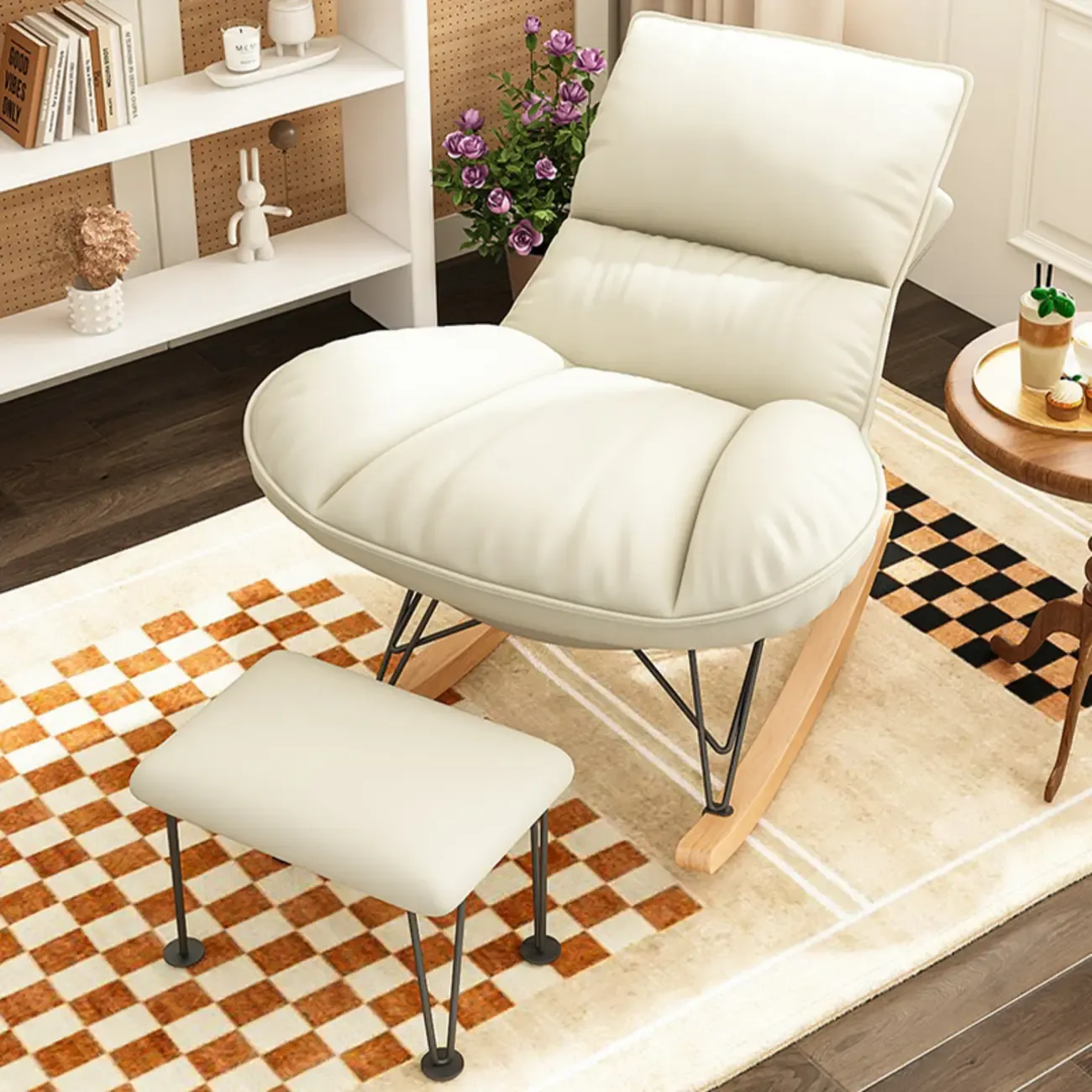 Natural Wood Upholstered Rocking Chair with Ottoman in White