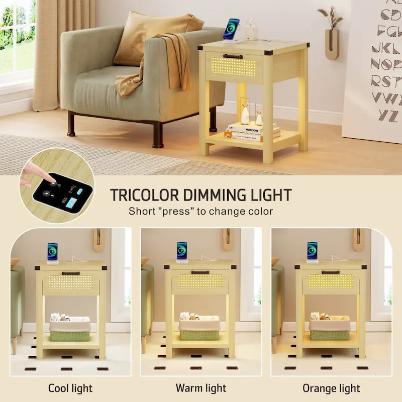 End Table - LED Light, USB & Type-C Charging, Motion Sensor, Rattan Drawer, Farmhouse, 150 lbs