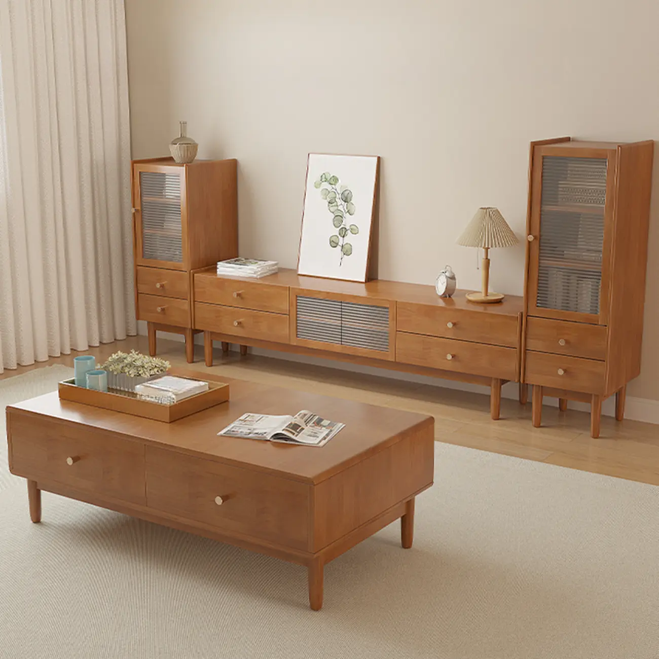 71 Rectangle Cherry Wood TV Stand with Cabinet & Drawers