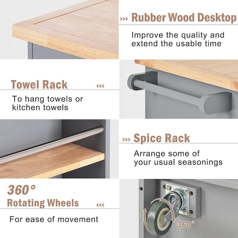 Kitchen Island on Wheels with Open Compartments and 2 Drawers