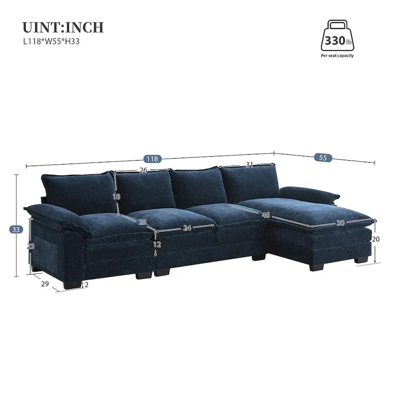 118*55  L-shaped Chenille Cloud Sofa with Double Seat Cushions, 5-seat Upholstered Sleeper Sofa Couch with Chaise Lounge