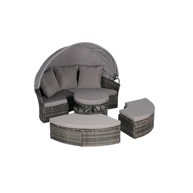 5-Piece Round Daybed Sunbed with Canopy & Removable Cushions