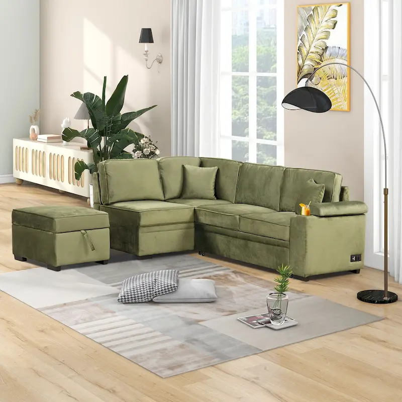Green 84.75 L-Shaped 5-Seat Sleeper Sofa with Storage