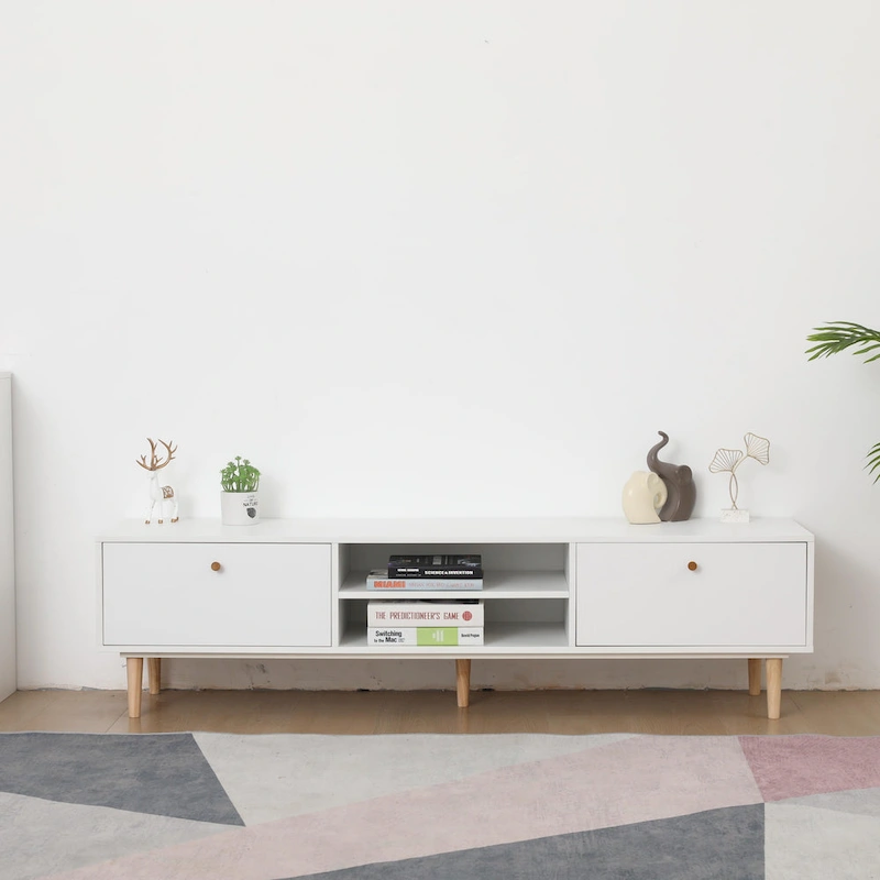 Minimalist Cream White TV Stand with 2 Storage Cabinets and 4 Solid Wood Legs for Living Room, Home Theater or Apartment