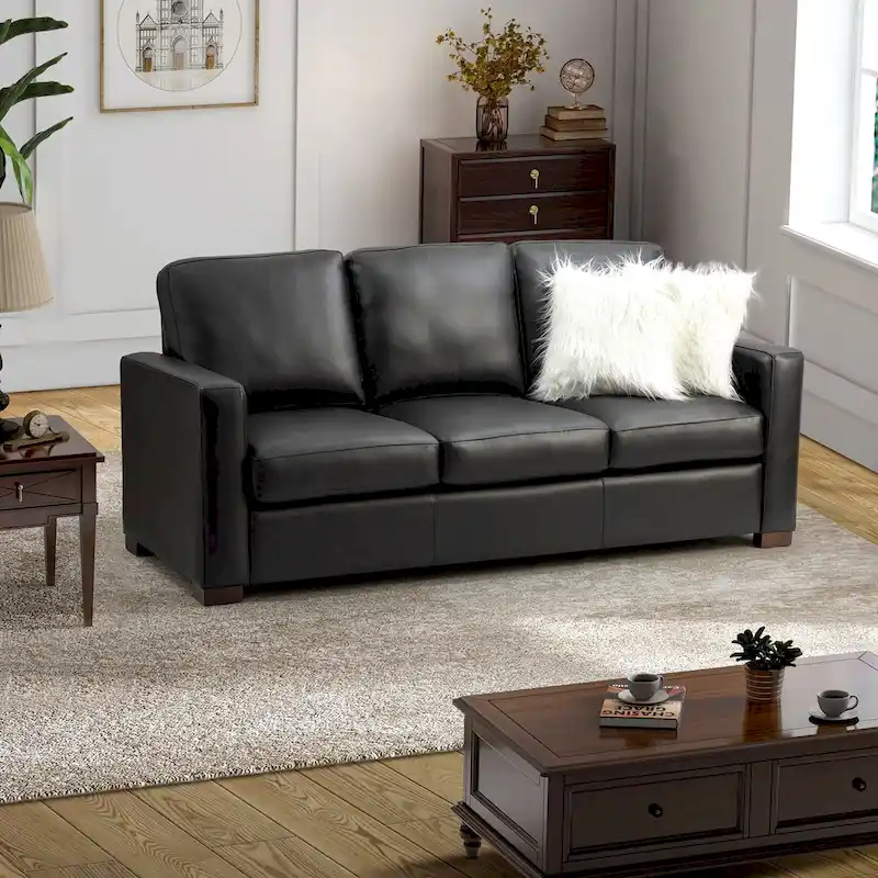 Ernando 83.46 Wide Genuine Leather Sofa with Squared Arms and Pillows