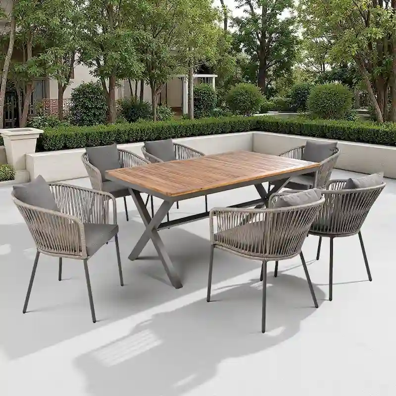 7-Piece Outdoor Patio Metal Frame Dining Set with 6 Cushioned Chairs and Acacia Wood Tabletop