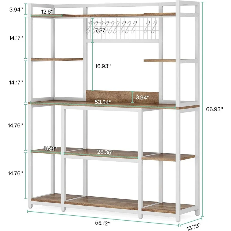 55 Wide Kitchen Hutch Cabinet Microwave Stand with 11 Hooks