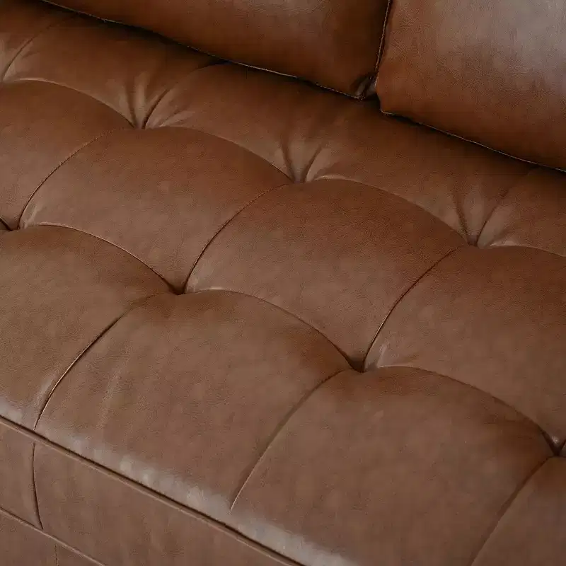 Whisen PU Leather 3-Seat Sofa, Mid-Century Modern Sofa Couch with Tufted Design, Solid Wood Legs, 2 Bolster Pillows