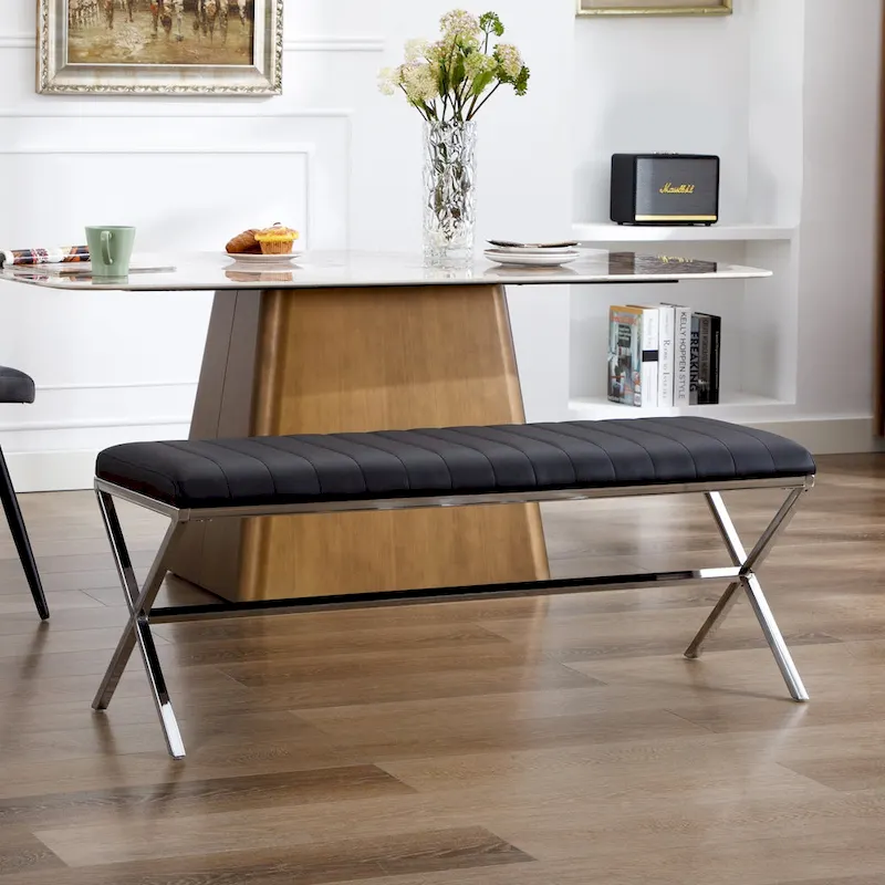 Tufted Faux Leather 46.5 Length Upholstered Dining Bench with Metal X Legs