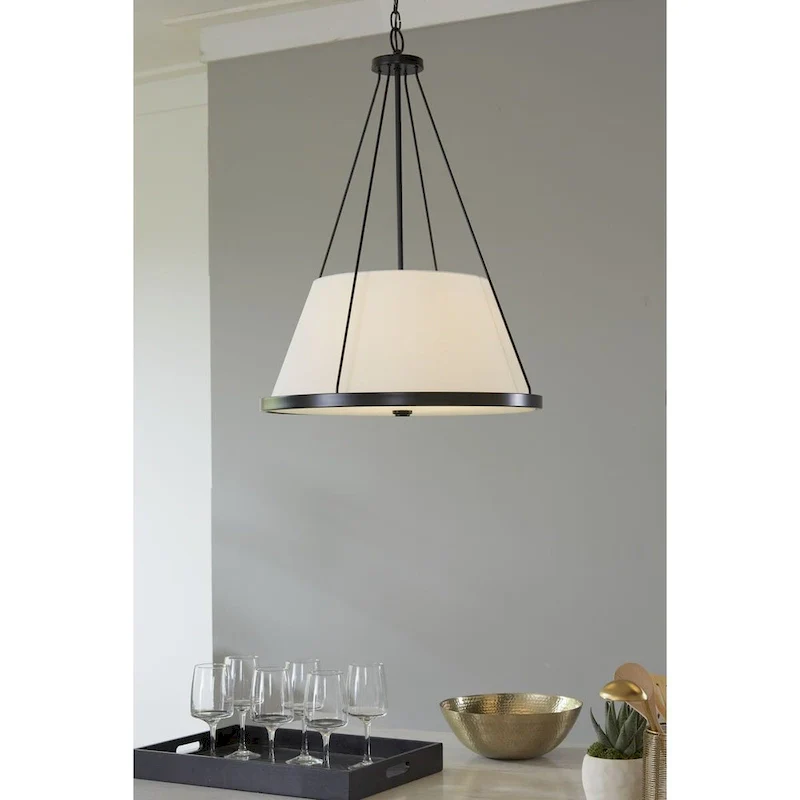 Saffert Collection Three-Light New Traditional Matte Black White Linen Glass Pendant Light - 22 in x 22 in x 30 in