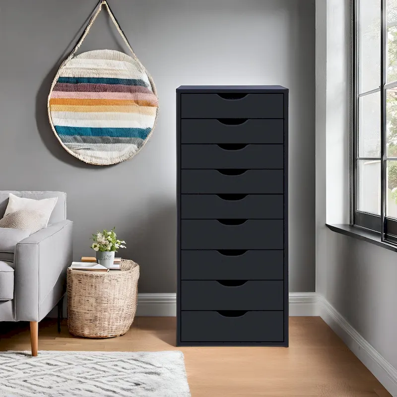 Black / Gray / White Narrow 9-Drawer Wooden Dresser with Top Storage Shelf – Single Unit
