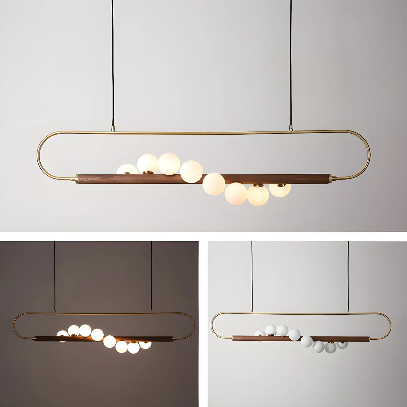 Modern Brass Wood Linear Island Pendant Light