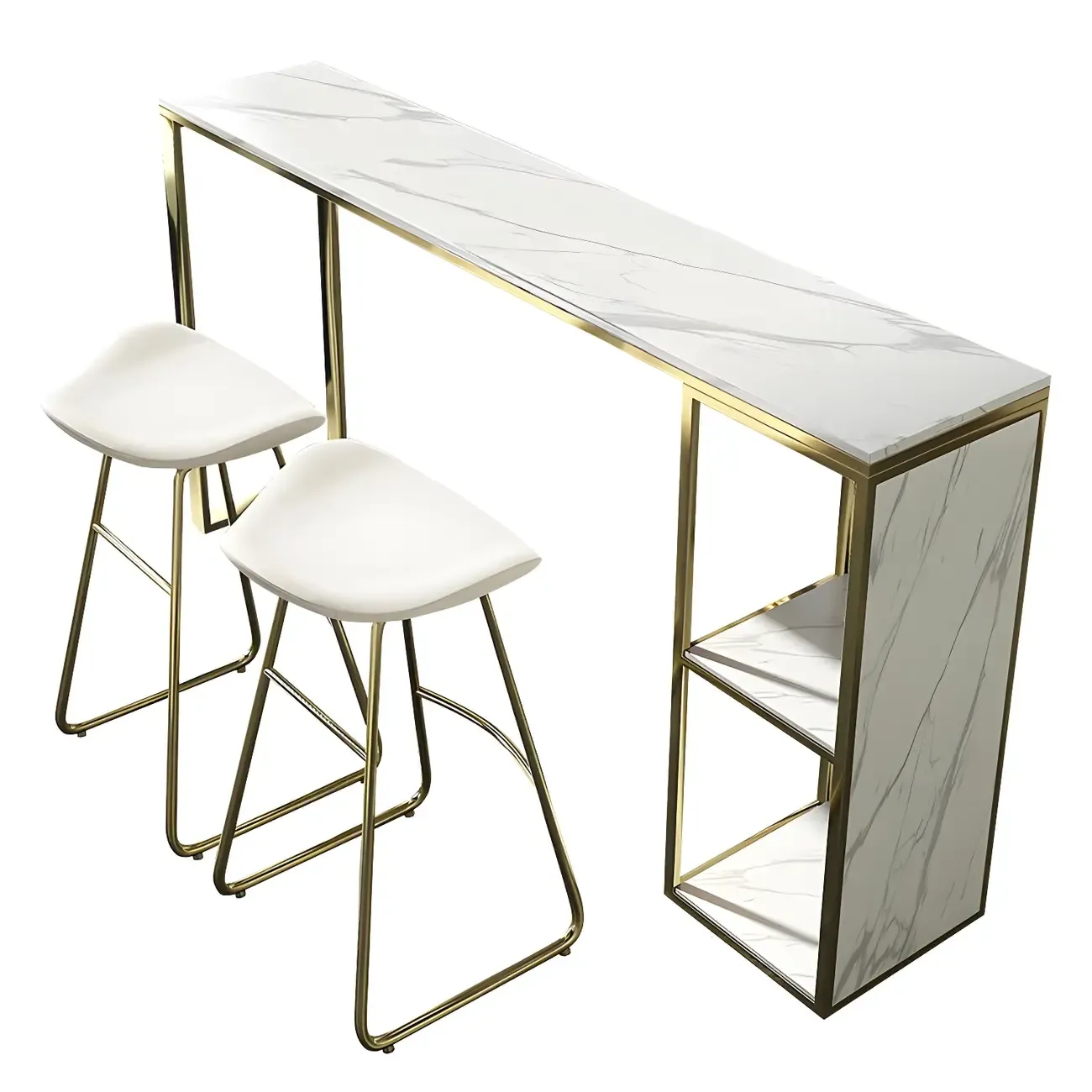 Glam White Faux Marble Gold Iron Two-Shelf Bar Tables