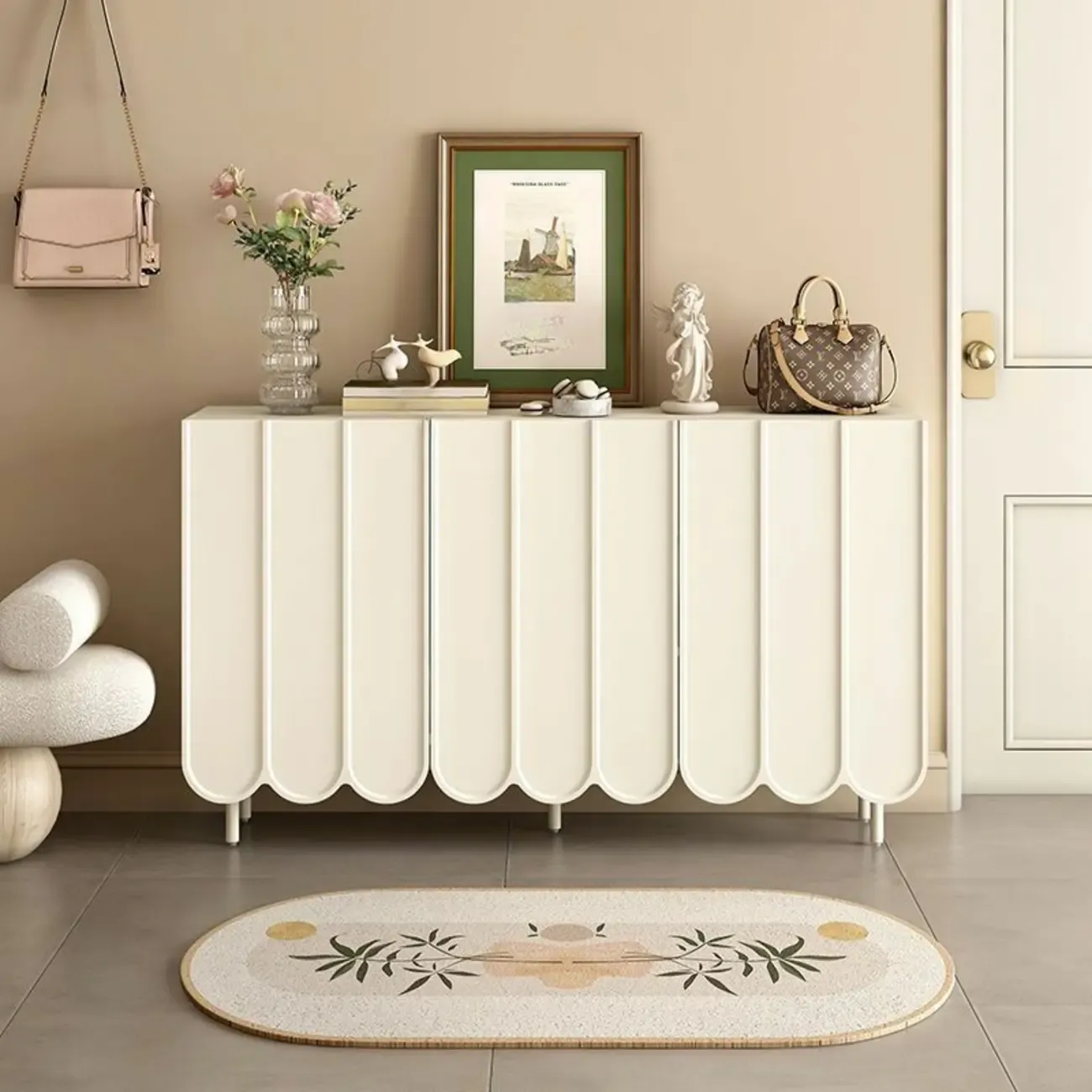 Entryway White Wooden Fluted Front Shoe Cabinet