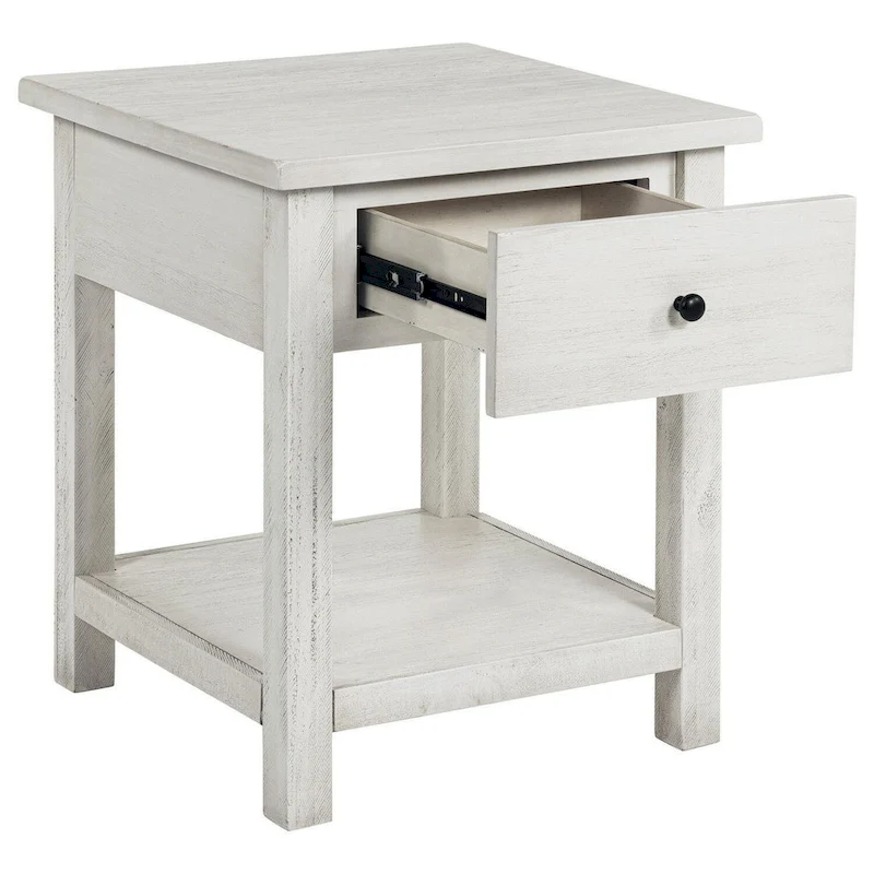 Ayne Side End Table, 1 Drawer, Distressed White Wood, Square 20 Inch