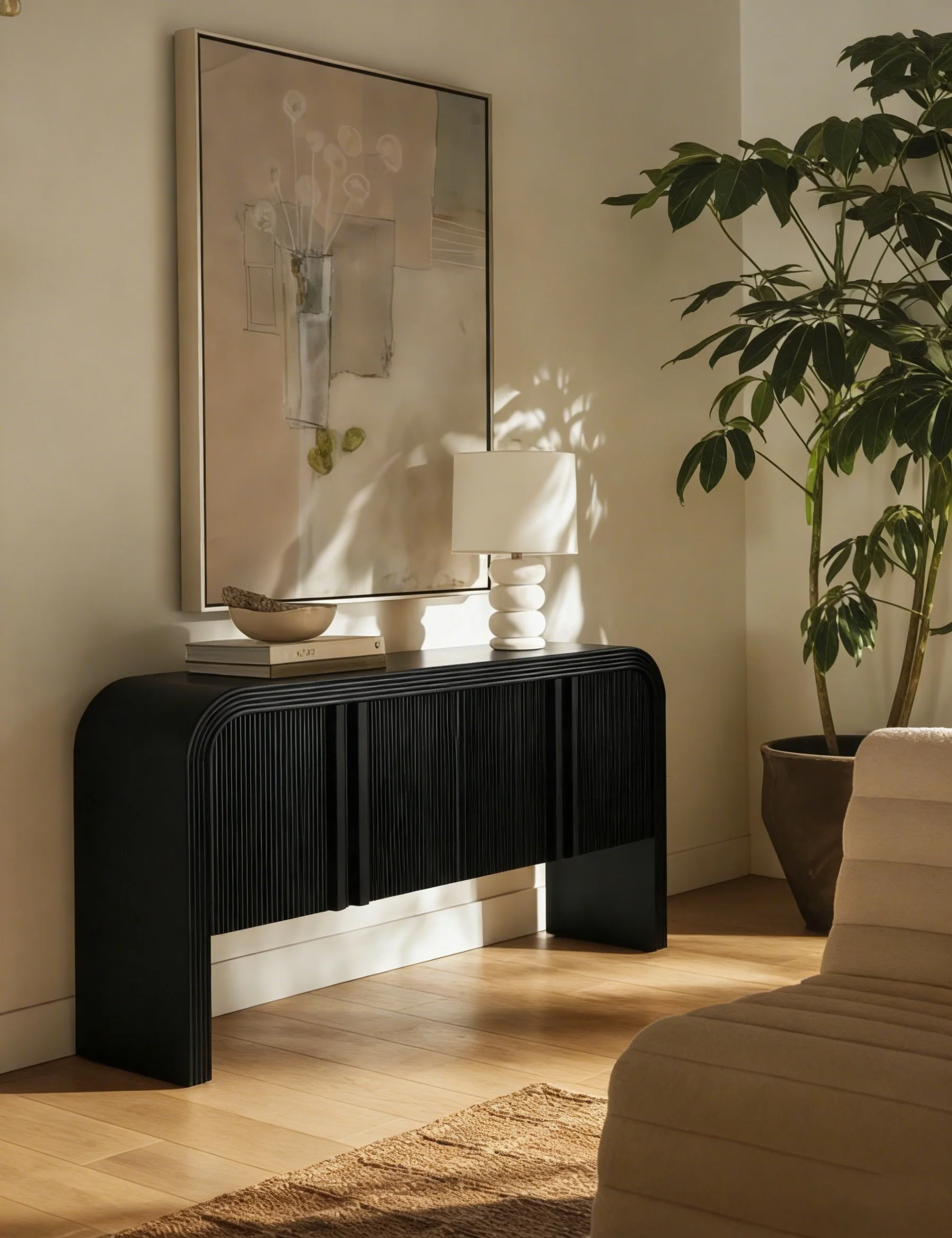 White 4-Door Storage Cabinet with Striped Pattern