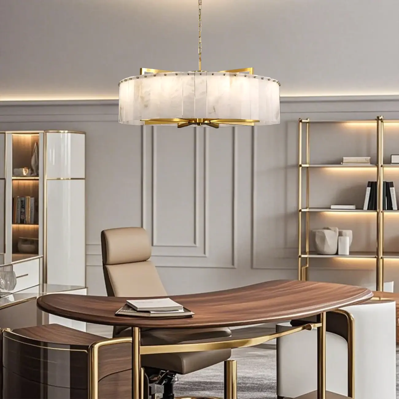 Adjustable Round Marble Chandelier with Sheet Lampshade