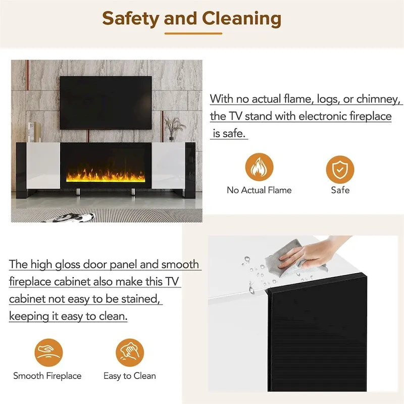 Modern TV Stand with 34.2 Non-heating Electric Fireplace and Cabinets