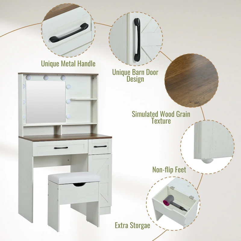 Vanity Desk with Mirror and Lights, Dressing Table with Adjustable Shelves and Drawer, Makeup Table with Side Cabinet
