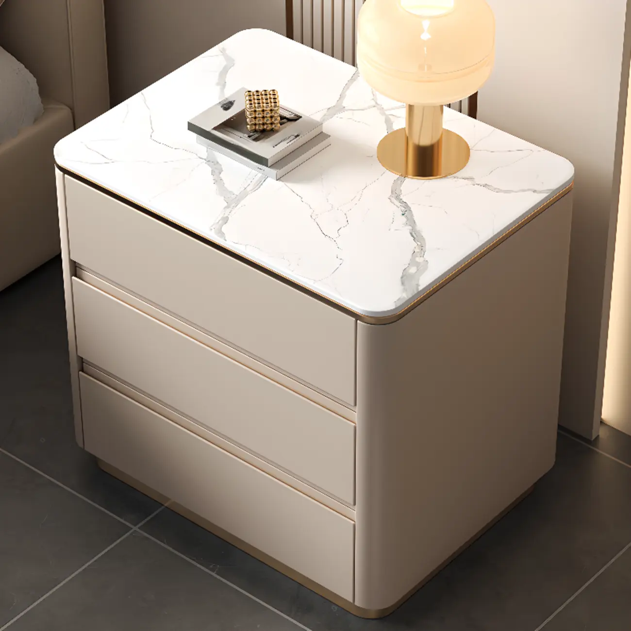 Modern Faux Marble Top Wood 3-Drawer Nightstand