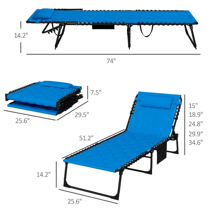 Folding Chaise Lounge Set with 5-level Reclining Back, Lounge Tanning Chair with Padded Seat, Side Pocket & Headrest