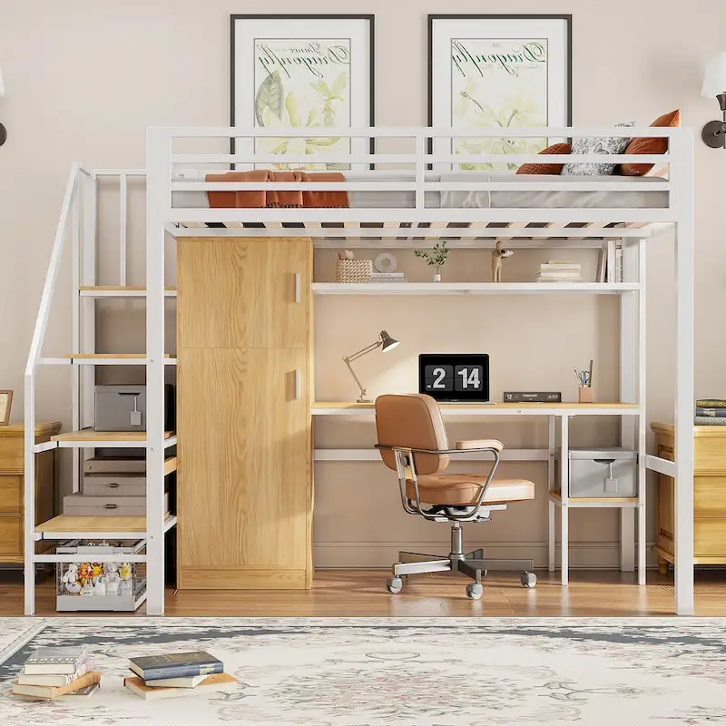 Twin Loft Bed with Desk & Storage Shelf, Full Guardrails Metal Kids Loft Bed with Storage Staircase & Wardrobe for Kids, Teens