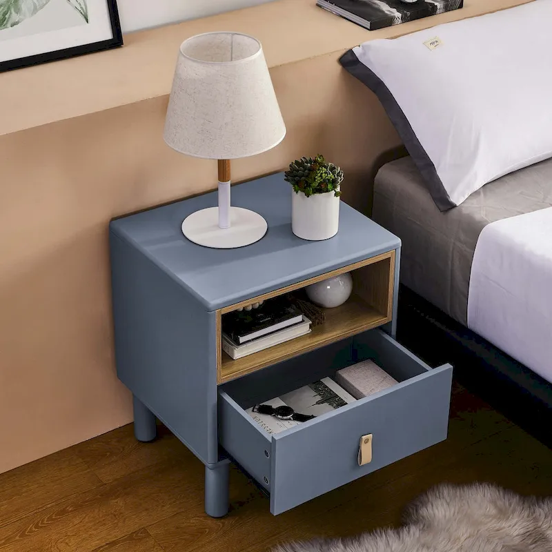 Nightstand - MDF & Solid Wood, 1 Drawer, Open Shelf, Leather Handles, 18.9W x 21.65H, Modern