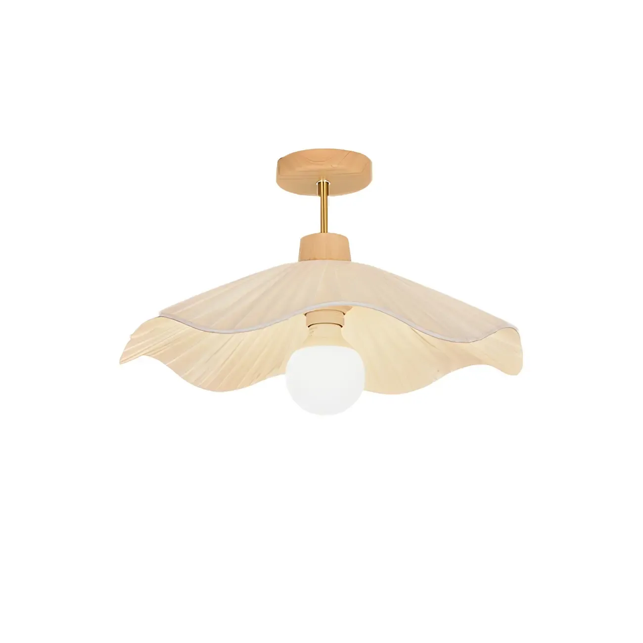 Natural Finish Wood Semi Flush Ceiling Light with Fabric Shade