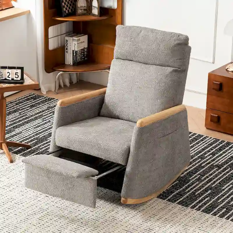 Accent Rocking Chair with Footrest High Back Rubber Wood Rocking Legs Bedroom Living Space