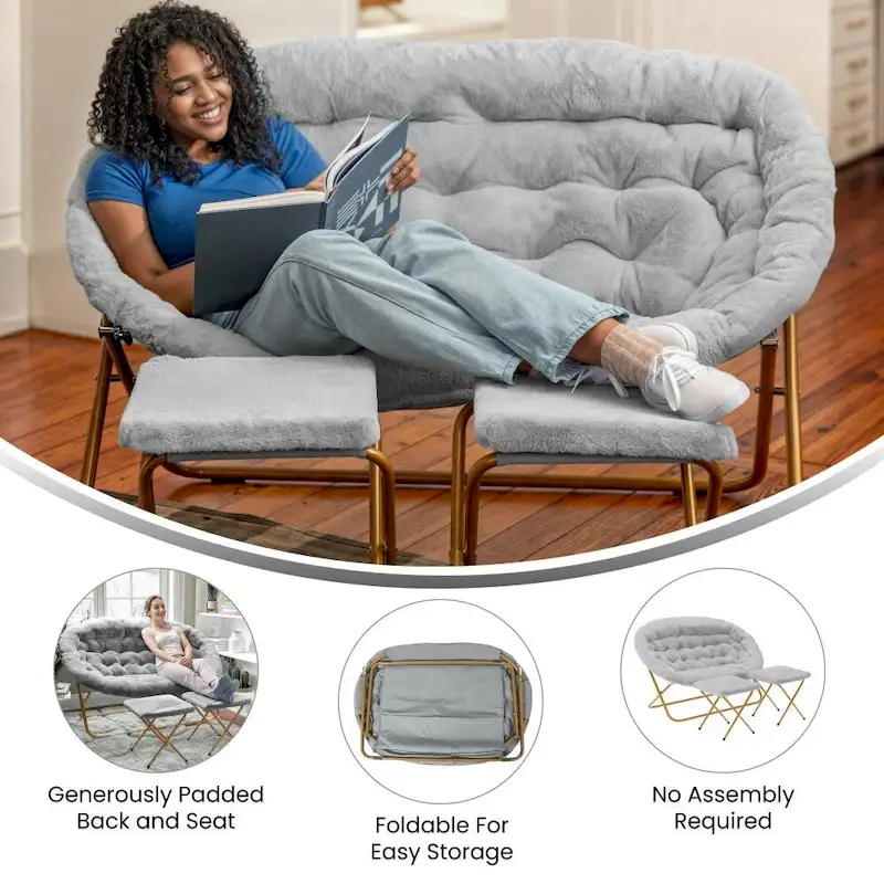 Double Folding Synthetic Fur Saucer Chair with 2 Ottomans