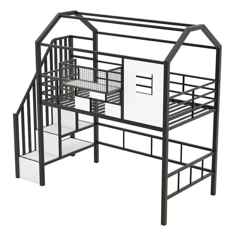 Twin Size Metal Loft Bed with Roof Design and Integrated Storage Box