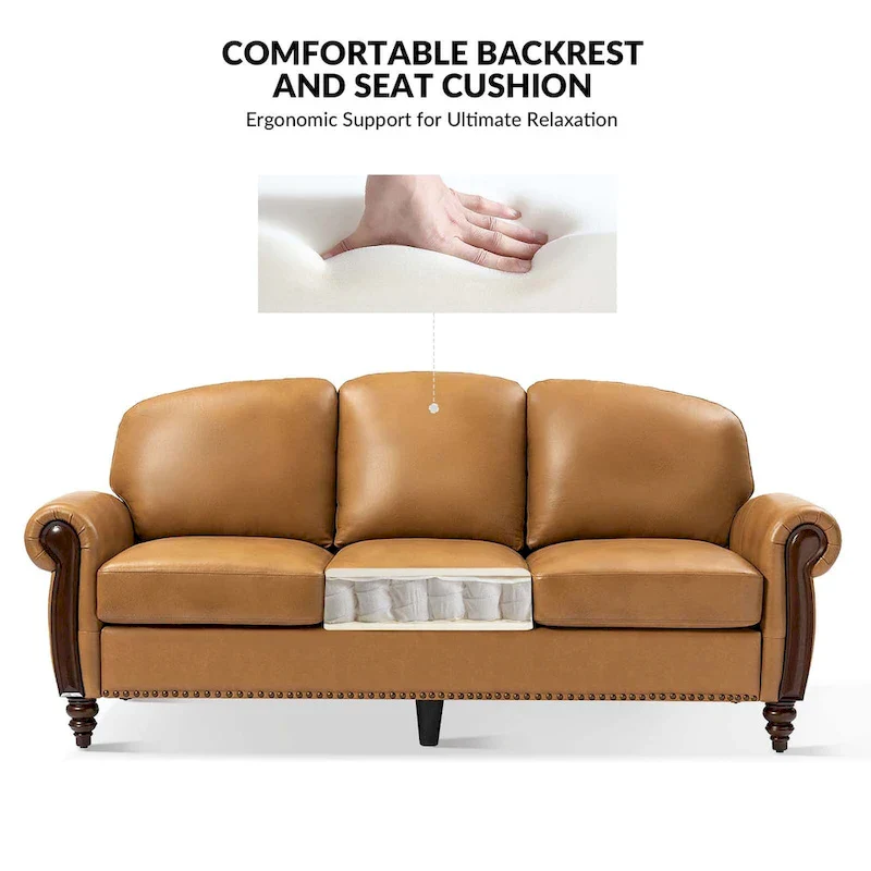 84 Traditional Genuine Leather Sofa with Carved Wood Legs