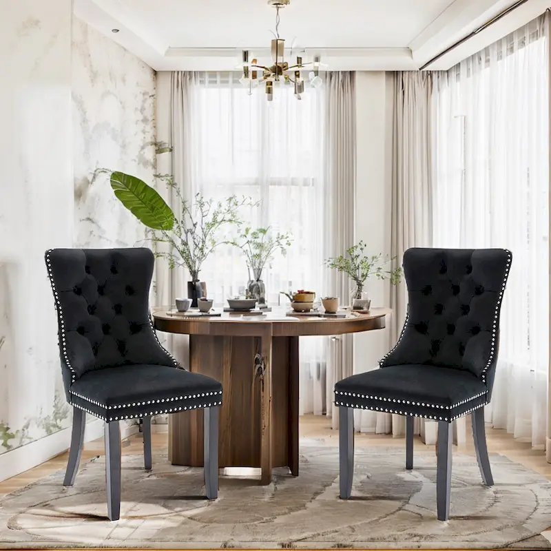 Set of 2 Velvet Dining Chairs,Tufted Solid Wood Armless Chairs Accent Chair with Nailhead Trim and Back Ring Pull - N/A