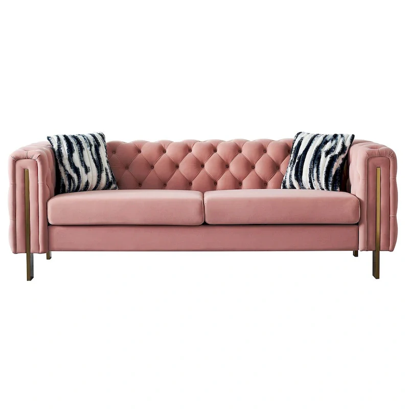 84.25 Luxurious Tufted Velvet Upholstered 3-Seater Sofa with Golden Metal Armrest Design and Buttoned Tufted Backrest
