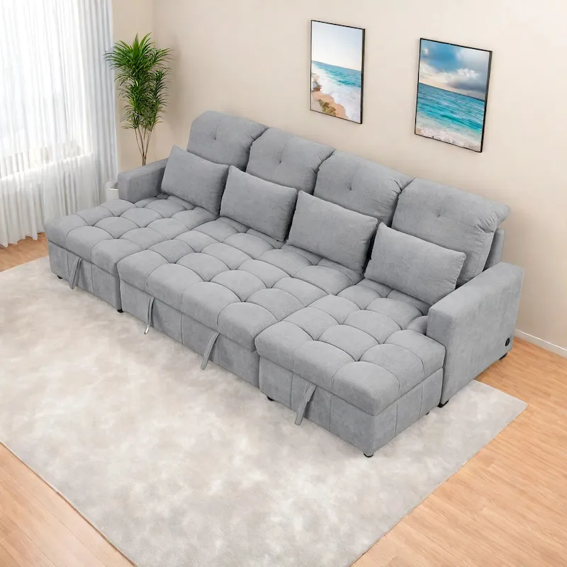 110 Oversized Chenille Convertible U-shaped Sectional Sofa with Pull-out Bed, Double Storage Chaise Lounges, and 2 USB Ports
