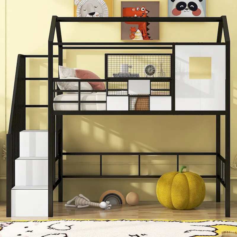 Harper&Bright Designs Metal Loft Bed with roof design and a storage box