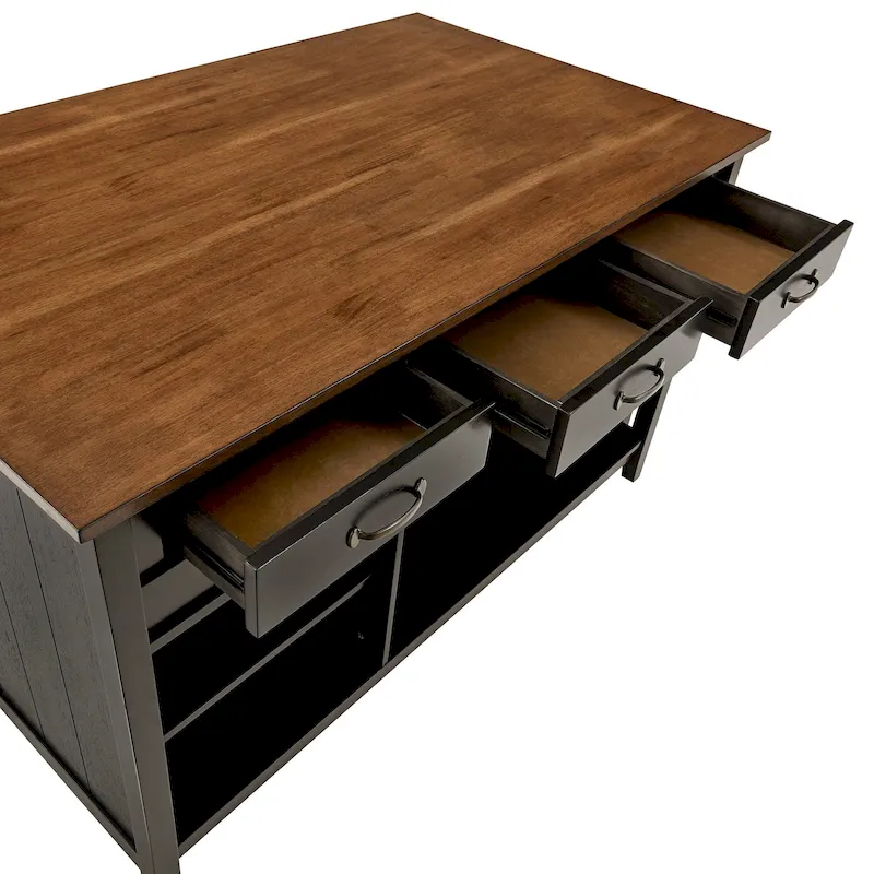 Two-Tone Antique Finish Extendable Kitchen Island with 3 Drawers