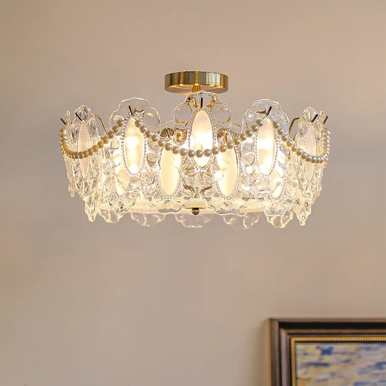 Elegant Glass Drum Shape Golden Semi Flush Light