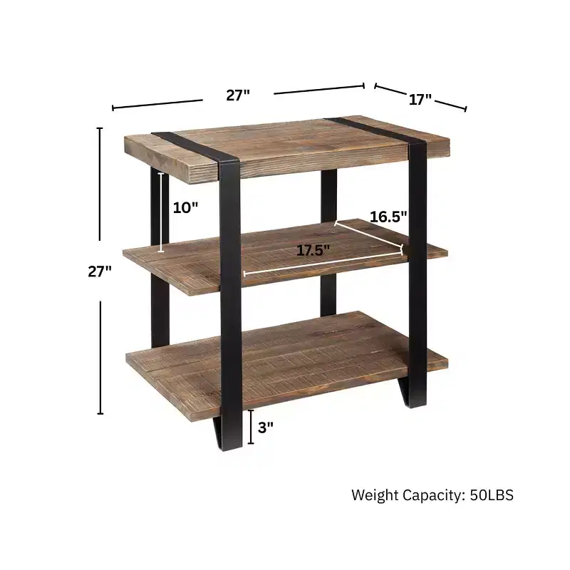 27" Modesto Wide 2 Shelf End Table with Metal Strap, Wood - Alaterre Furniture: Rustic Industrial Design, Black Frame