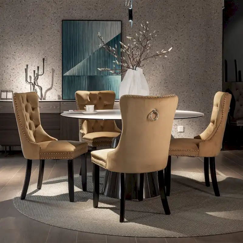 Modern Set of 2 Velvet Tufted Dining Chair with Wood Legs and Nailhead Trim