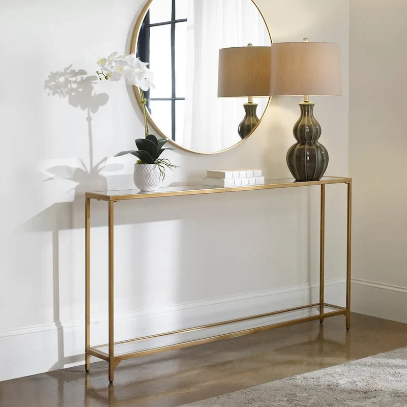Copper Grove Metal and Tempered Glass Narrow Console Table
