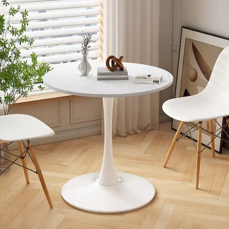 Round Dining Table with Metal Base – White Marble / Black Marble / Oak+Black / Black / White / Natural+White, Seats 2-4
