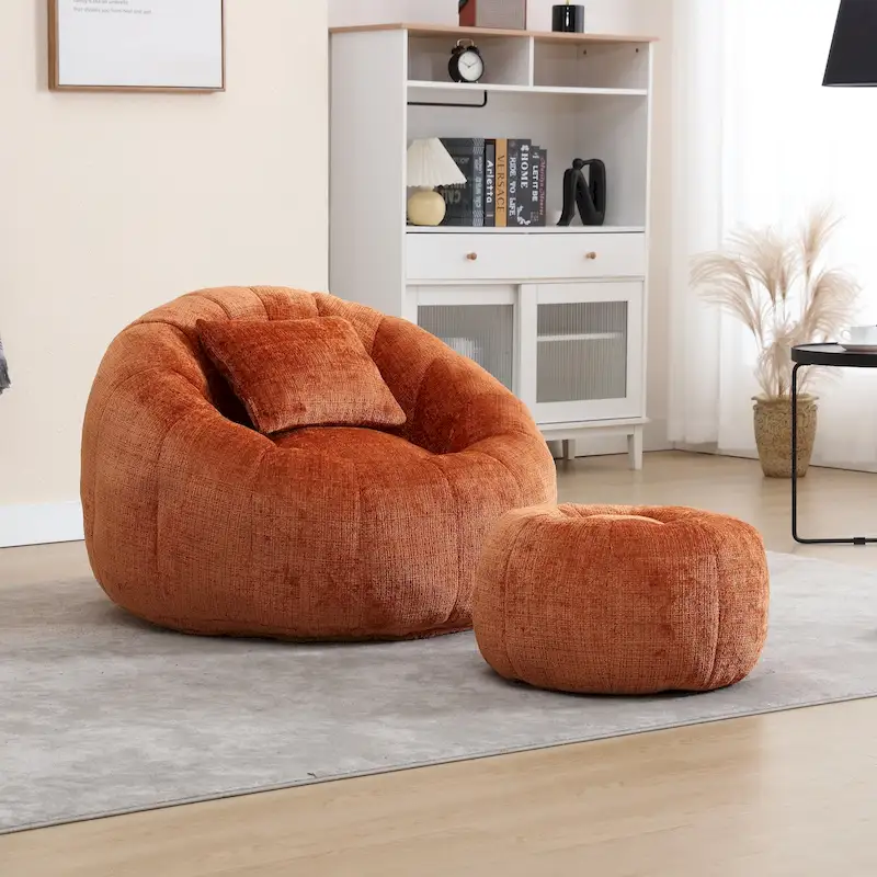 HOMEFUN Chenille Upholstered Round Lazy Cozy Bean Bag Chair with Ottoman and a Pillow
