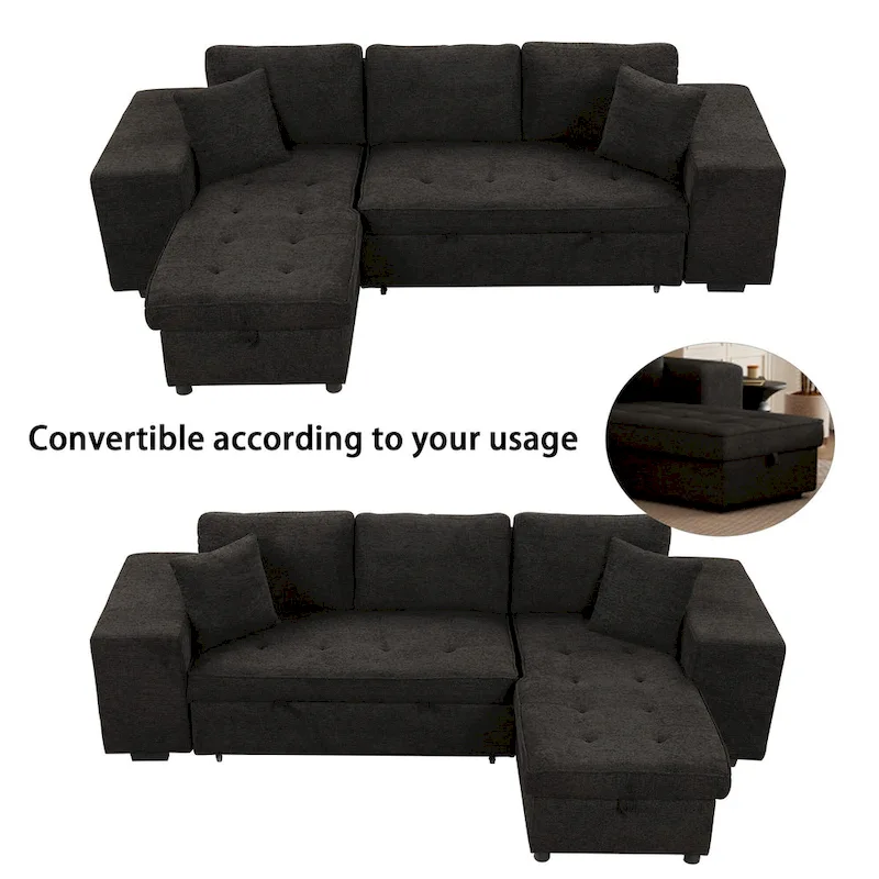 Roomfitters 3-Seater Modern L-Shape Reversible Sectional Couch, Pull-Out Sleeper Sofa with Storage Chaise and Two Stools