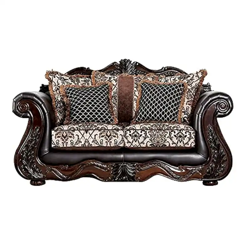 2pc Sofa Loveseat Set, Dark Brown Faux Leather, 5 Accent Pillows