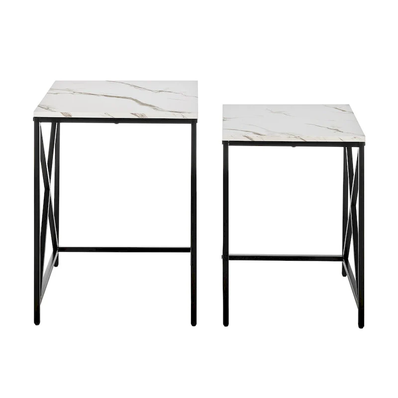 Modern Square Marble Finish Veneer Top Black Metal Frame Nesting End Tables - Set of 2