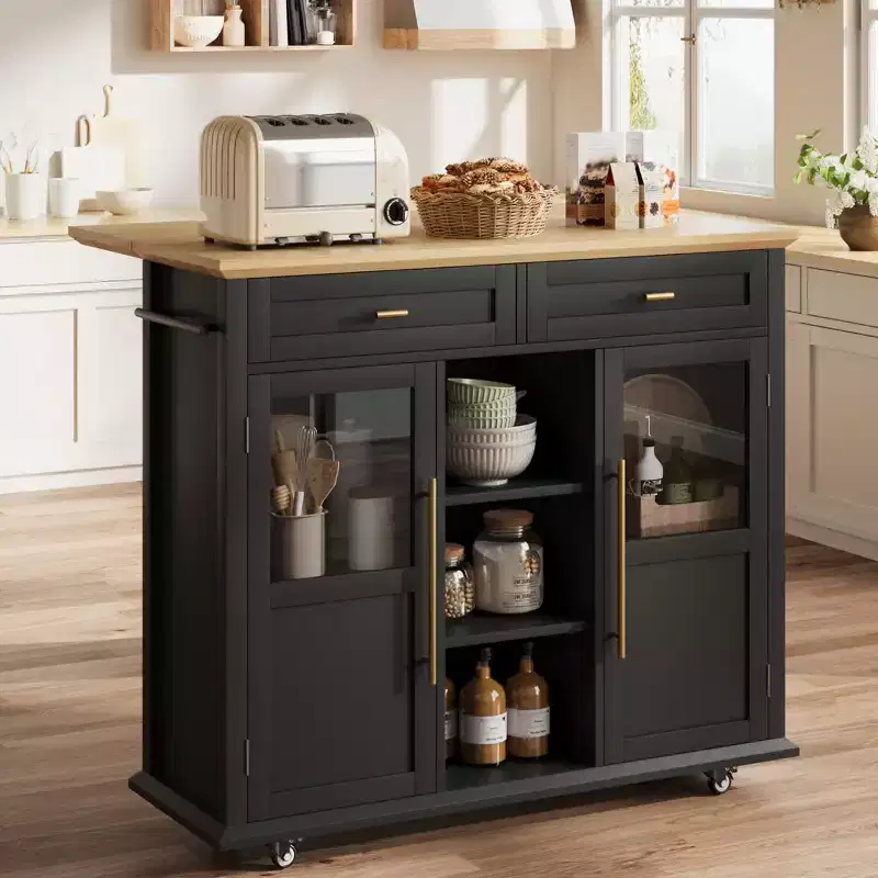 Black / Grey / White Rolling Kitchen Island Cart with Drop Leaf Top, 2 Glass Doors & Storage — For 1 Person
