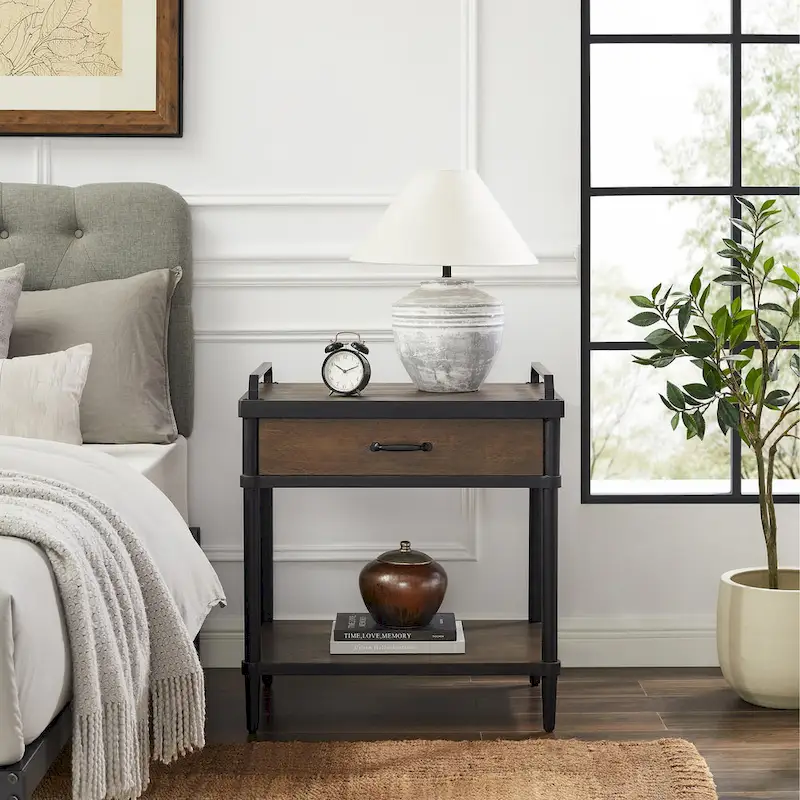 Mid-Century Side Table - Wood & Metal, 1 Drawer + Shelf, Minimalist Design, 35 lbs Capacity